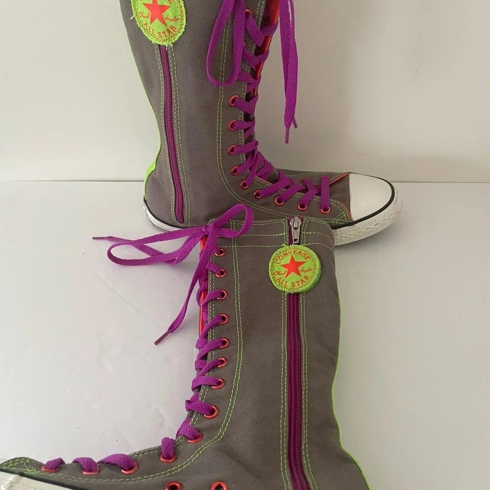 Gray and Green High-Top Sneakers with Purple Laces - Picture 7 of 14